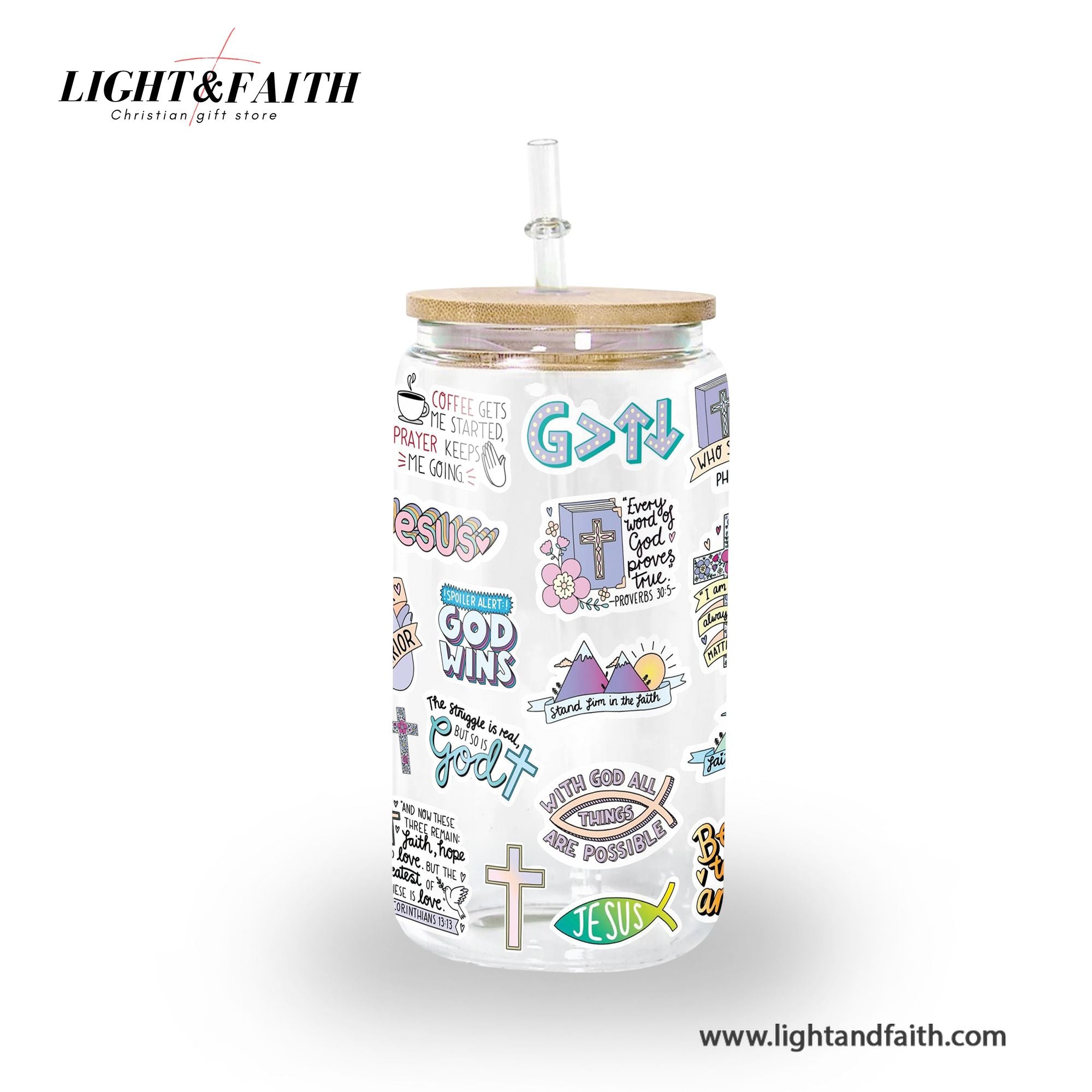 Christian Glass Can with Bamboo Lid and Straw, Scripture Cup, Bible Verse Sticker Design, Jesus Faith Iced Coffee Tumbler GCLAF30